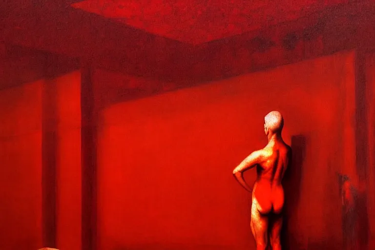 Image similar to only with red, crowd screaming, an exposed painting in a roman theater, in the style of beksinski, parts by edward hopper, parts by rodcenko, parts by yue minjun, intricate and epic composition, red by caravaggio, insanely quality, highly detailed, masterpiece, red light, artstation, 4 k