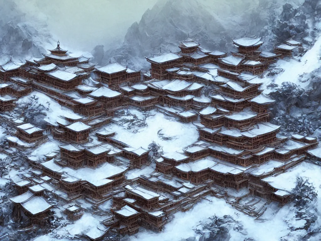 Prompt: shaolin monastery on snowy mountain, artstation, by frank frazetta, concept art, digital art, cool color palette, 8 k, sad, incandescent, cinematic lighting, ray tracing ambient occlusion, in a symbolic and meaningful style, insanely detailed and intricate, hypermaximalist, elegant, ornate, hyper realistic, super detailed