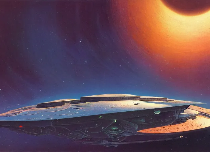 Prompt: a spaceship in an empty spacescape by bruce pennington