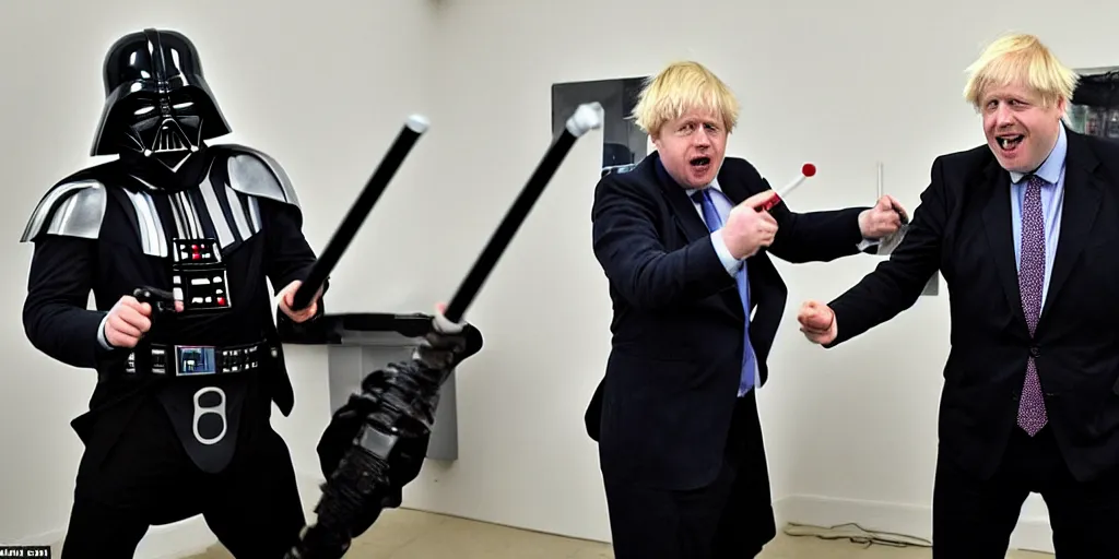 Prompt: boris johnson in a intense light saber battle with darf vader