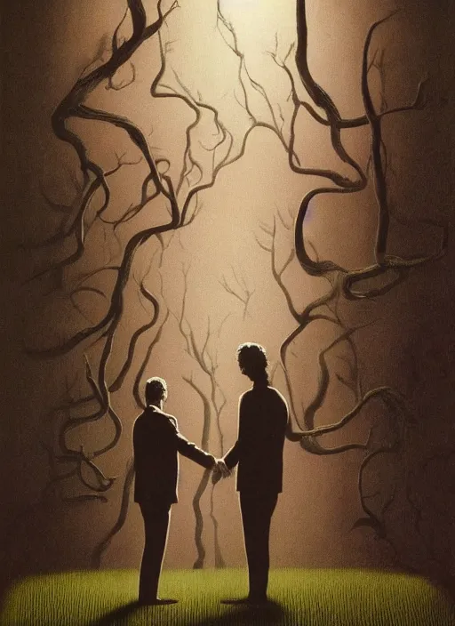 Image similar to Twin Peaks portrait of Mads Mikkelsen and Hugh Dancy holding hands romantically as they chaperone school dance by Zdzislaw Beksinski, Michael Whelan, Bob Larkin and Tomer Hanuka, simple illustration, domestic, nostalgic, clean, Matte painting, trending on artstation and unreal engine, New Yorker magazine cover, 1980s romance book cover