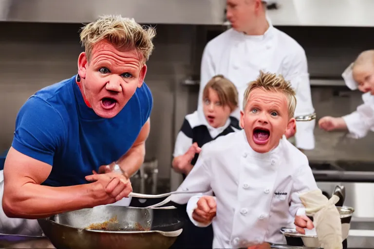 Image similar to Gordon Ramsay screaming at young children as they cook beef wellington, photo, 4K