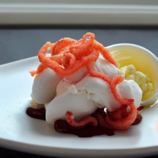 Image similar to ice cream sundae topped with raw calamari