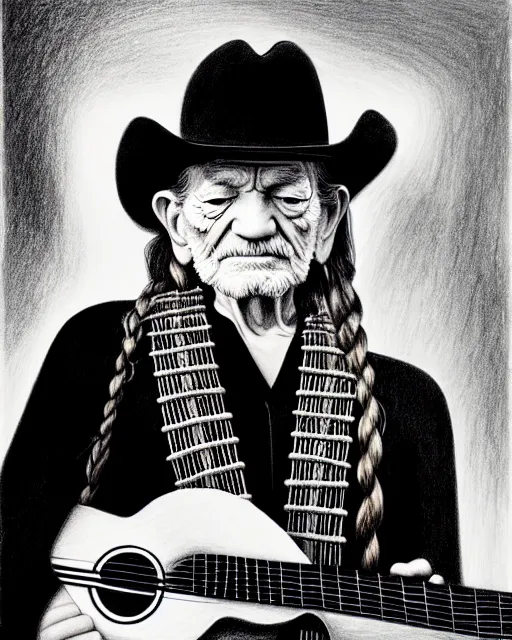 Prompt: a photorealistic portrait of willie nelson hugging his guitar, in the style of salvador dali, pencil drawing, hyperrealist