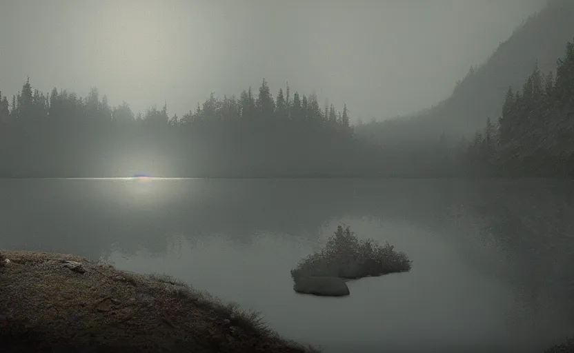 Prompt: a stranger lake directed by charlie kaufman ( 2 0 0 1 ) anamorphic lenses, foggy volumetric evening light, cinematic trending on artstation in the style of greg rutkowski
