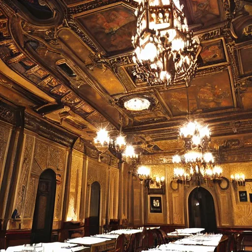 Prompt: ornate dining hall, secret society, illuminati, chandelier, massive, beautiful, ominous