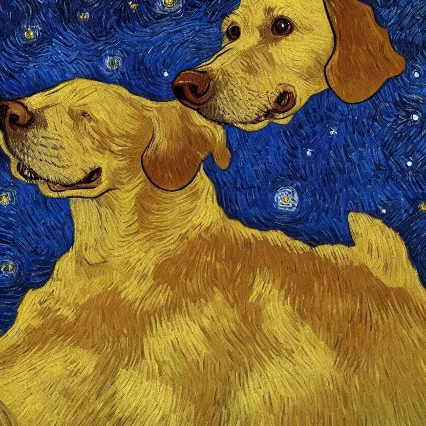 Image similar to studio portrait of a dog in the style of Starry Night; oil painting by Vincent van Gogh