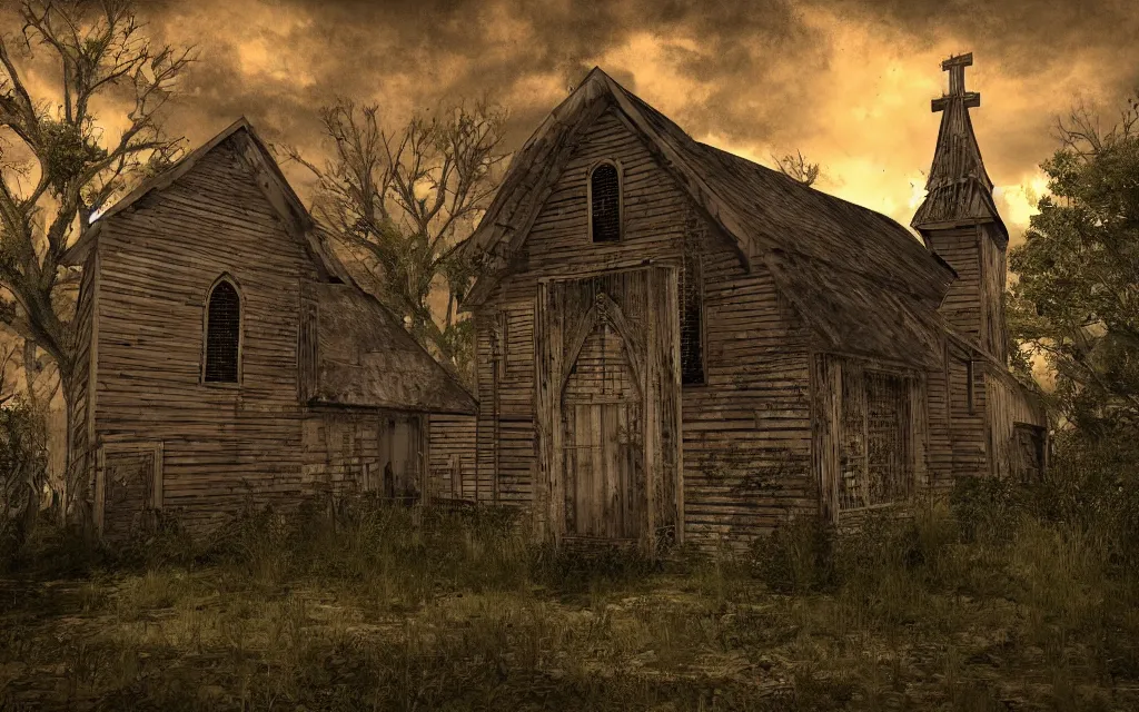 Image similar to a wooden church rotting away in the bayou, realistic, dynamic composition, dramatic lighting, ultra detailed