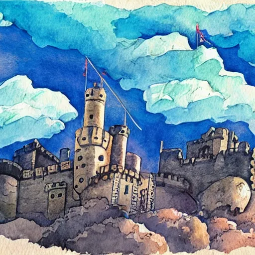 Image similar to laputa castle in the sky flying high in the sky, watercolor illustration for a book