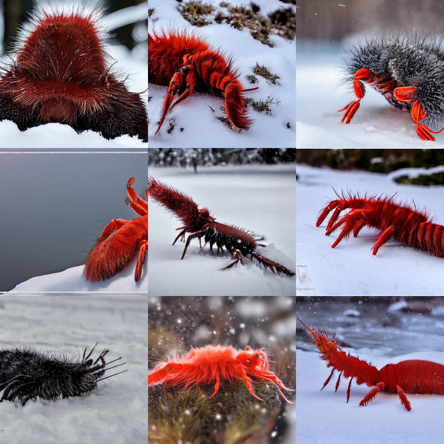 Prompt: a fuzzy long-fur lobster in the snow, wildlife photography