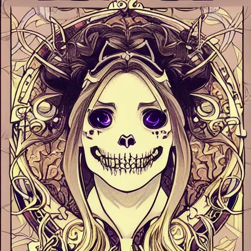 Image similar to anime manga skull portrait girl female lioness skeleton illustration with clouds and stars detailed style by Alphonse Mucha pop art nouveau detailed pattern