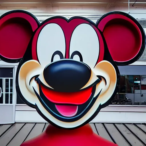 Prompt: huge plastic statue head of mickey mouse inside a dark red light garage getting repaired