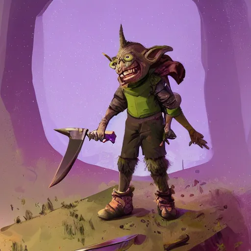 Image similar to male goblin youth adventurer with purple skin, by Ismail Inceoglu, wearing leather adventuring clothes, shabby, short, kid, bald, wielding knife, happy grin, character portrait closeup, digital art, dungeons and dragon, character