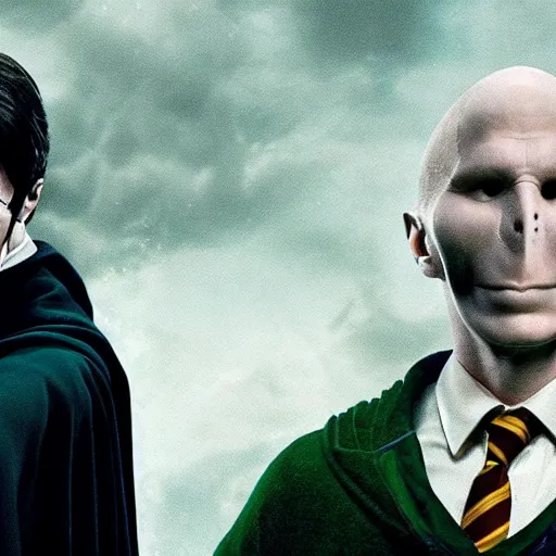 Image similar to harry potter with voldemort, pride flag in background