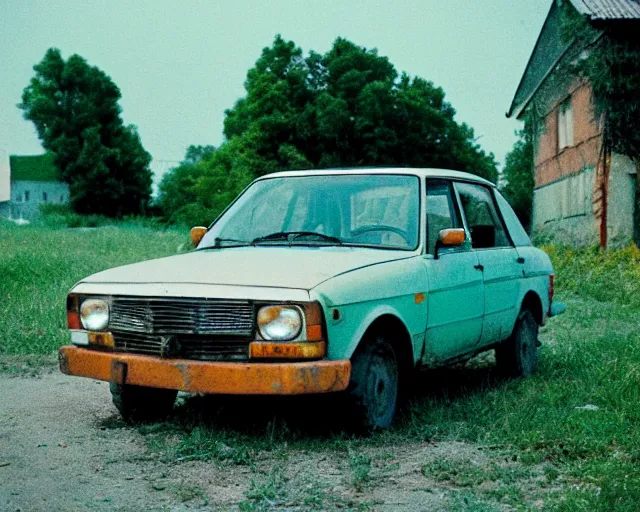 Image similar to a lomographic photo of old lada 2 1 0 7 standing in typical soviet yard in small town, hrushevka on background, cinestill, bokeh