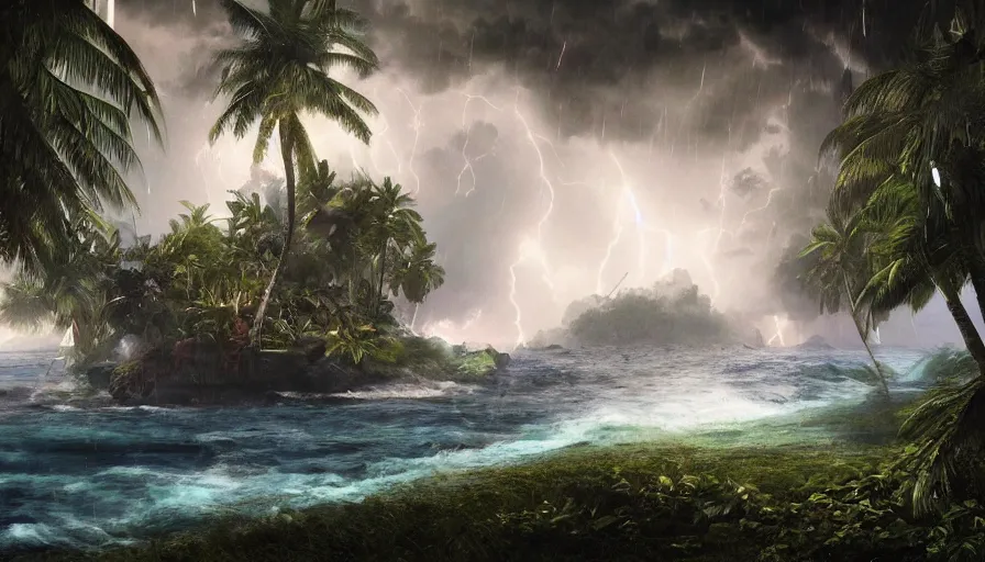 Image similar to Tropical island under the storm with lightning, hyperdetailed, artstation, cgsociety, 8k