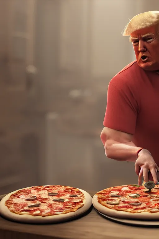 Prompt: trump making a pizza, long shot, cinematography by wes anderson, 4 k octane render, intricate detail, photorealistic, cinematic lighting, artstation