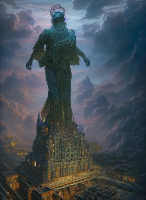 Image similar to a gigantic statue holding a city in his hands, in the style of tomasz alen kopera and fenghua zhong and peter mohrbacher, mystical colors, rim light, beautiful lighting, 8 k, stunning scene, raytracing, octane, trending on artstation