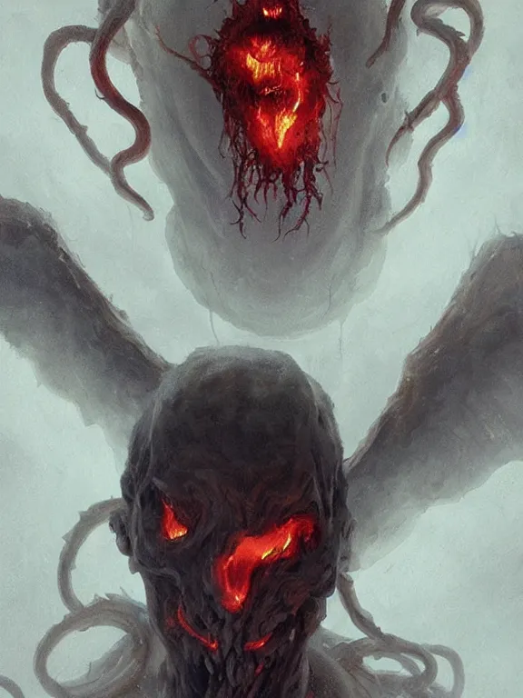 Image similar to painting by greg rutkowski a flying human head with tears running down it's face face that is chalk white in color, with long white!! tentacles!! coming out of the neck, fiery scorching red eyes, flying in a terrying hellish dark cavernous place