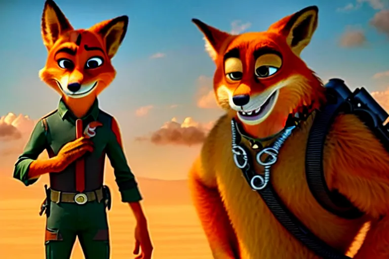 Image similar to nick wilde ( from zootopia ), heavily armed and armored facing down armageddon in a dark and gritty reboot from the makers of mad max : fury road