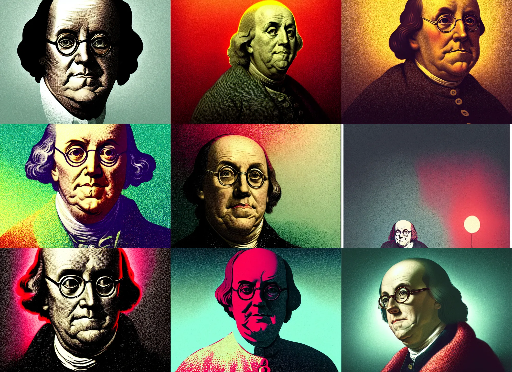 Prompt: illustrated portrait of benjamin franklin, colorful, mads berg, karolis strautniekas, christopher balaskas, stippled light, low fog, moody, fine texture, editorial illustration, dramatic lighting, dynamic composition, detailed, matte print, muted color, ( ( victo ngai ) ), wide angle ( ( sunbeams ) )