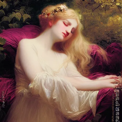 Image similar to blonde beautiful sleeping princess by Franz Xaver Winterhalter and Delphin Enjolras and Rebecca Guay