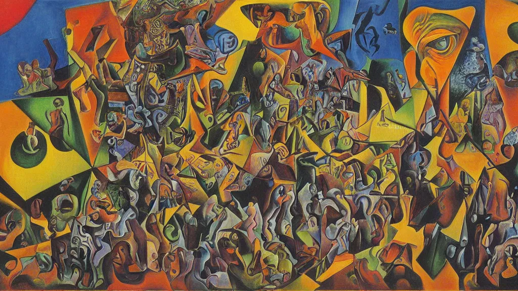 Prompt: unholy gathering, 4K, Dadaism & Fauvism, by collaboration of M. C. Escher and Salvador Dali and Van Gogh