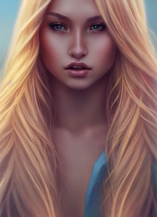 Image similar to photo of a gorgeous female with long blonde hair in the style of stefan kostic, realistic, full body shot, wide angle, sharp focus, 8 k high definition, insanely detailed, intricate, elegant, art by stanley lau and artgerm, floating embers