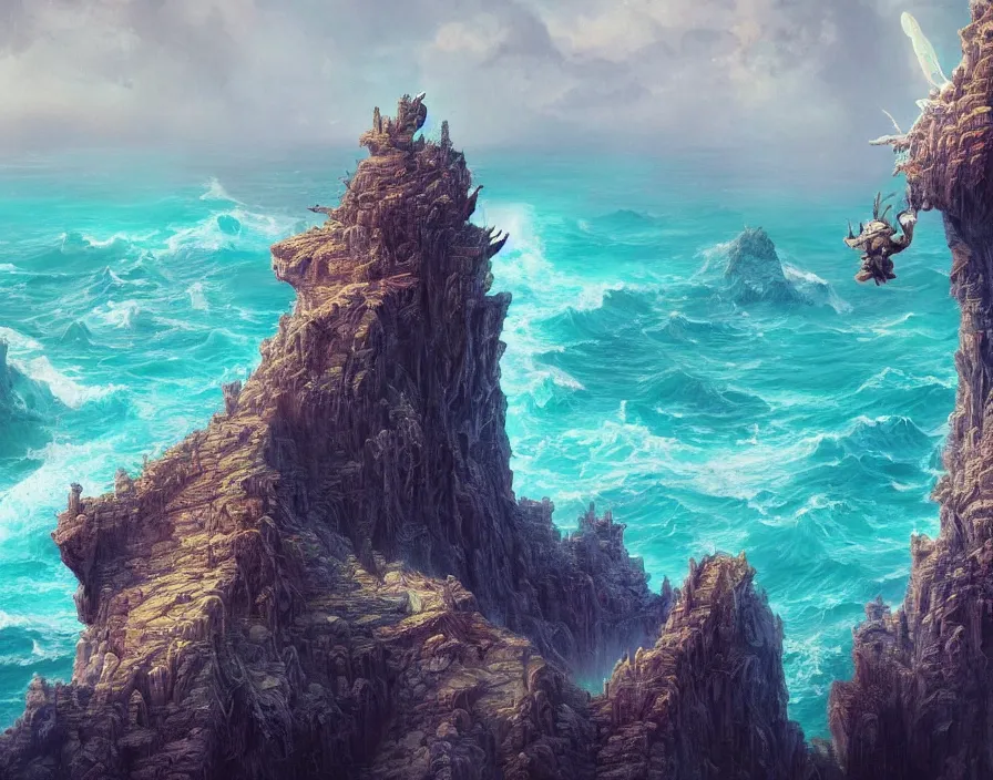 Prompt: fantasy painting of a cliff in the shape of a skull overseeing a vast ocean, complex, detailed, intricate abstract. delicate artwork. by Tooth Wu, wlop, beeple, dan mumford. octane render, trending on artstation, greg rutkowski very coherent symmetrical artwork. cinematic, hyper realism, high detail, octane render, 8k, depth of field, bokeh. chrome accents.