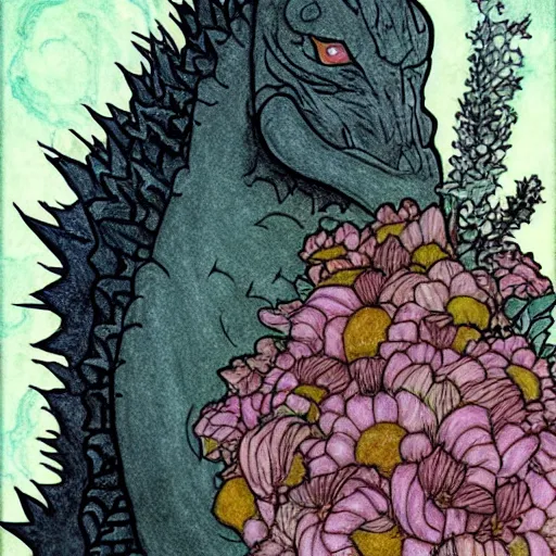 Prompt: godzilla smelling flowers, in the style of chiara bautista, mucha