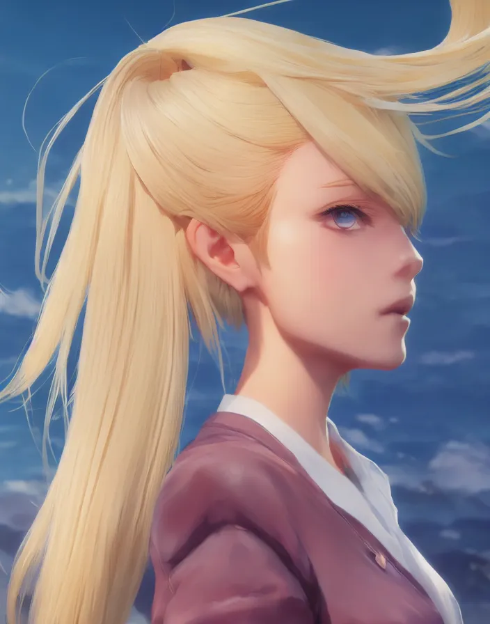 Prompt: beautiful blond woman, hair completely tied back in high ponytail, matte, oceanside, art by ilya kuvshinov and kyoto animation and ruan jia and ross tran, studio quality, aniplex,