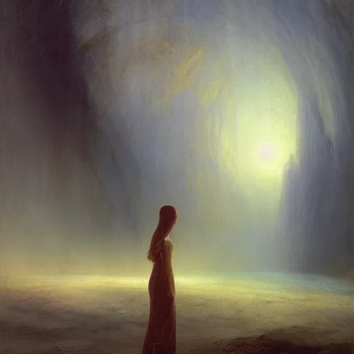 Image similar to a young woman in cyberspace, photoreal, atmospheric, by william turner, beksinski, caspar david friedrich, oil painting, romantism, realism, limited palette