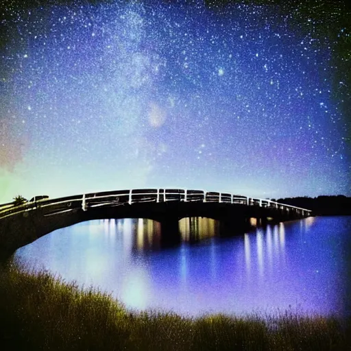 Prompt: “a night time photograph of a bridge over a lake with a sky full of stars”