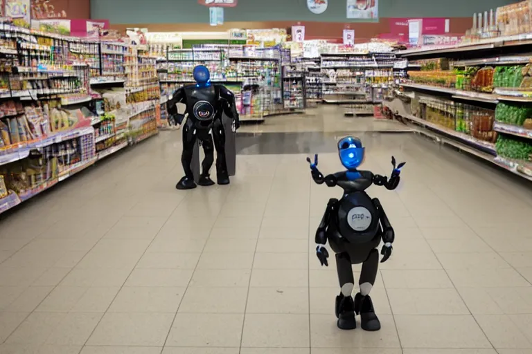 Prompt: photojournalism of sleek humanoid robot walking out of grocery store carrying paper grocery bags