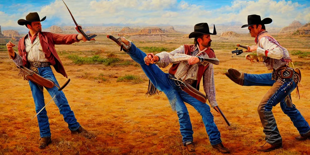 Image similar to photorealist painting of two cowboys dueling, wild west, western duel, cowboy shootout, vivid colors, warm colors, high production value, intricate details, high resolution, hyperrealistic, hdr, high definition, masterpiece, ultra realistic, highly detailed, hd, sharp focus, non blurry, sharp, smooth