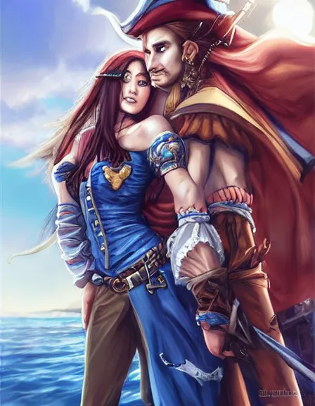 Prompt: couple. fully clothed armed female pirate captain with a male pirate partner, sun, summer, blue eyes, beauty, wisdom, love, strength, knowledge, smart, portrait, symmetrical, highly detailed, digital painting, artstation, smooth, sharp focus, illustration, strength, art by artgerm and louis theophile hingre. 8 k