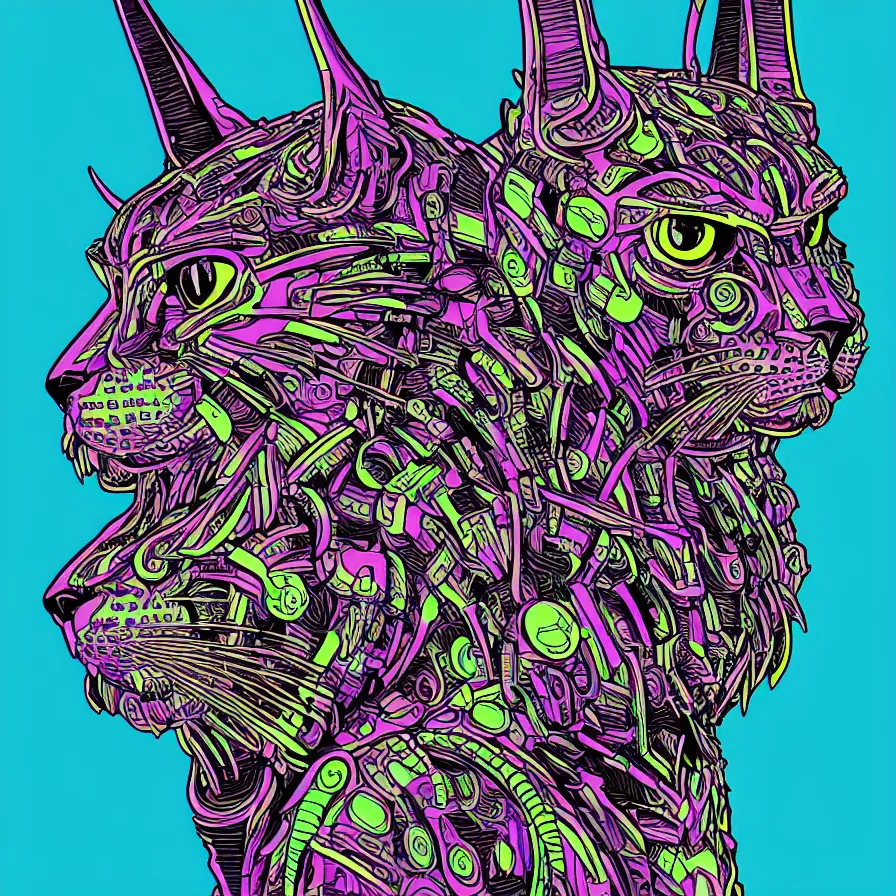 Image similar to a maximalist very detailed antropomorphic humanoid android with a head of a lynx. lowbrow blacklight color palette. artwork by subjekt zero