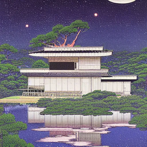 Image similar to painting by Hasui Kawase, atmospheric cozy futuristic organic white concrete house in the middle of a lush and dense forest at night, a beautiful lake next to it, night time, night sky, starry night sky, by Hasui Kawase