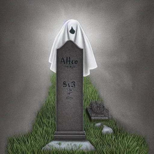 Prompt: a ghost visiting its own grave, digital art
