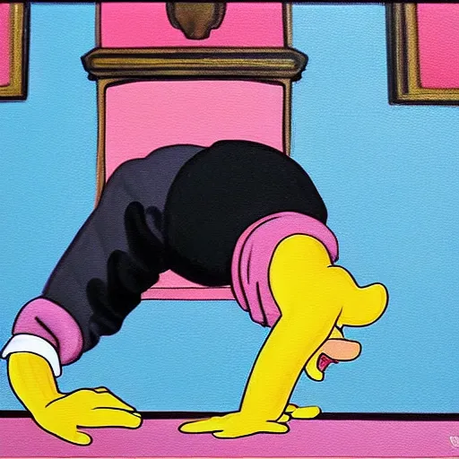 Image similar to a painting in the style of my dark beautiful twisted fantasy about homer simpson breakdancing, high quality