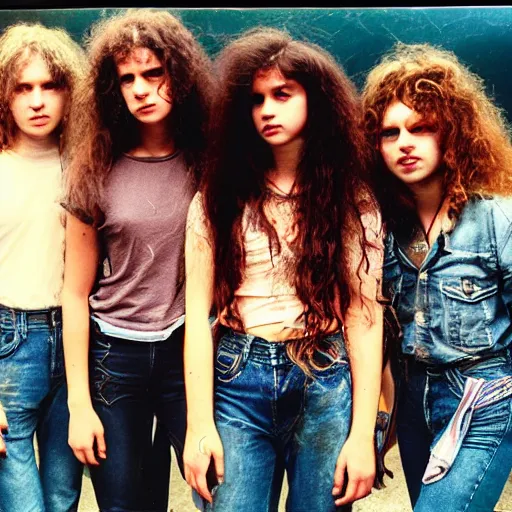 Image similar to group of 1 9 - year - old girls with shaggy wavy hair, wearing double denim, heavy metal band promo, doom metal band promo, stoner rock band promo, heavy rock band promo photo, 1 9 8 9 photo