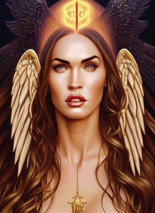 Image similar to portrait of megan fox as an blonde angel, wings, bible, corona, gold, jewelry, intricate, headshot, highly detailed, digital painting, artstation, concept art, sharp focus, cinematic lighting, illustration, art by artgerm and greg rutkowski, alphonse mucha, cgsociety