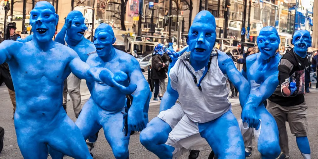 Image similar to cyclops coneheads blue men group street performers, detailed facial expressions