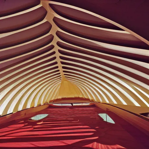 Prompt: interior balcony of a futuristic lotus temple with gold, red and white marble panels, in the desert, by buckminster fuller and syd mead, intricate contemporary architecture, photo journalism, photography, cinematic, national geographic photoshoot
