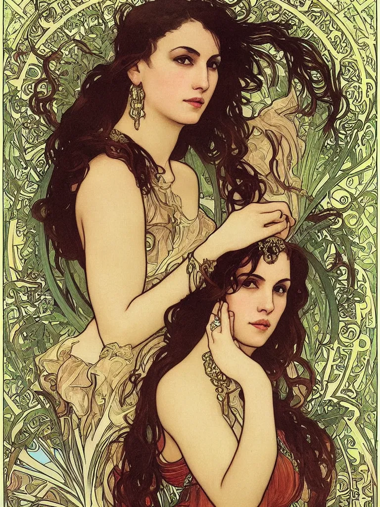 Image similar to “ portrait of monica belucci from the movie malena, artwork by alphonse mucha ”