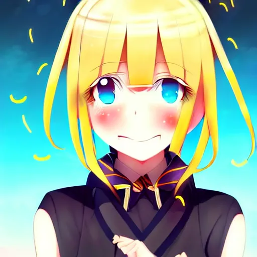 Image similar to the portrait of a kagamine rin, she smiles sweetly, her hair and eyes shines from the spotlights, digital art, anime, trending on pixiv