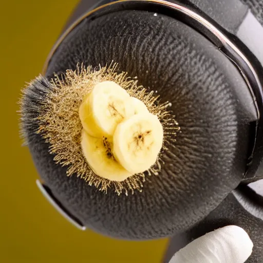 Image similar to macro shot of a dust mite eating a banana, microscope, tilt shift, realistic, photography, scientific