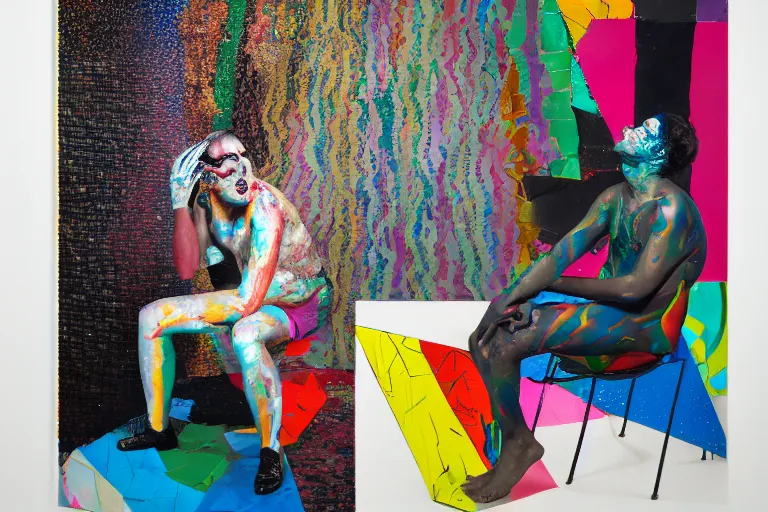 Image similar to portrait of a morphed mosaic painted harlequin sitting on a plastic garden chair looking into a screen doing makeup by james jean and luc tuymans and beeple and hernan bas and pat steir and hilma af klint, psychological, dripping paint, high quality render, masterpiece