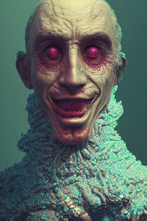 Image similar to portrait of a hyperdimensional jester, 4k detailed hyperrealistic digital photo by Beeple, Gustave Dore, Artstation, CGsociety