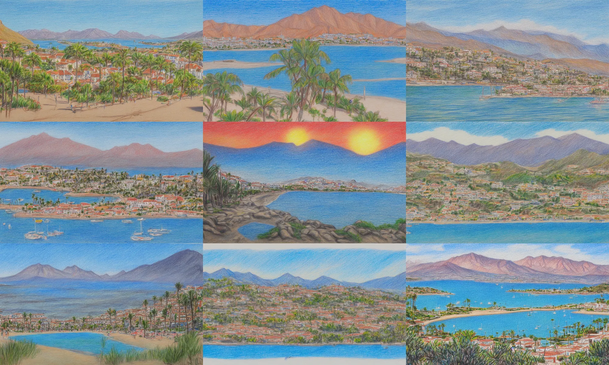 Prompt: colored pencil drawing of marbella landscape, sun coast, small city, beach, mountain in the background, trending on artstation